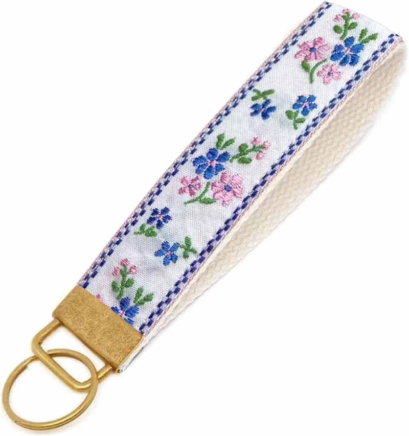 BattleTim Floral Embroidered Fabric Keychain Wristlet Key Fob Keychain Car Key Chain Holder Handmade Wristband for Women - Image 1